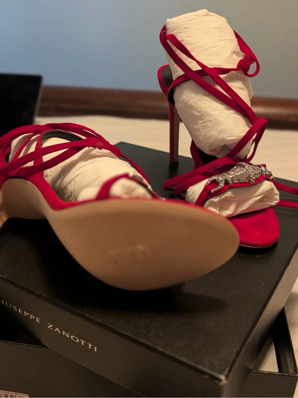 Giuseppe Zanotti Red Suede Crystal-Embellished Lace-Up Heels
